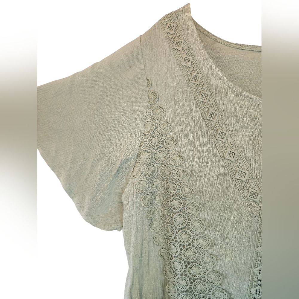 Daytrip Applique sage boho crochet women's top, tie back, M - Picture 4 of 8